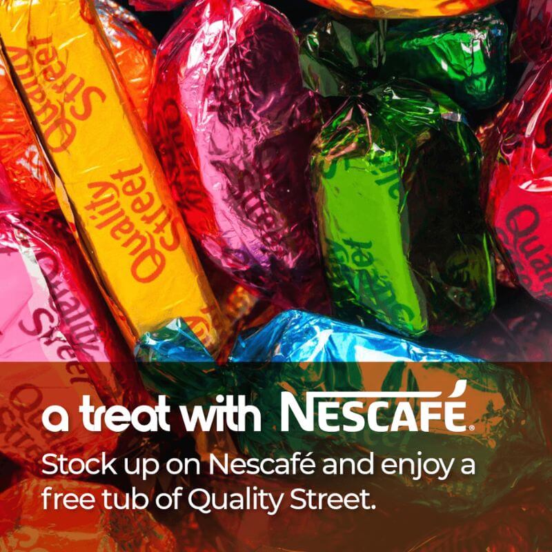 Spend 40 on select Nescafe products and claim a free tub of Quality Street with code QUALITY40.